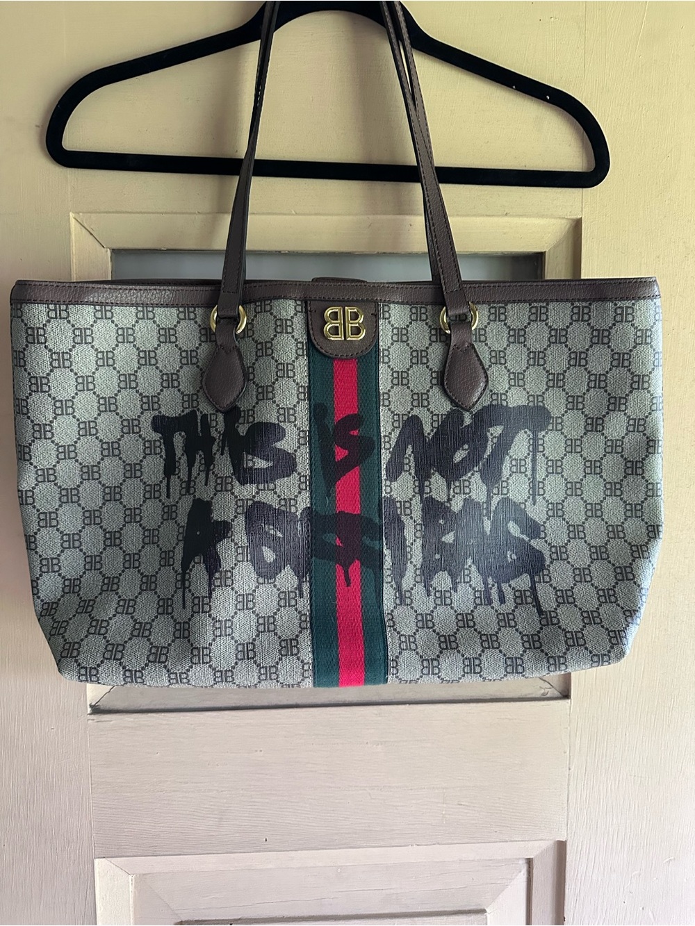 Designer-Inspired Leather and Canvas Tote with Red & Green Stripe